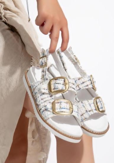 Hkursat Olira Beyaz Simli Kemerli Sandalet