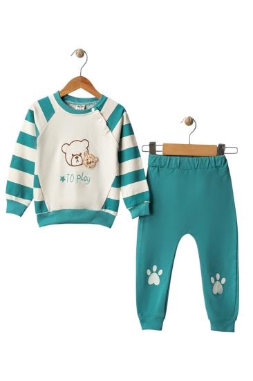 Hkursat Wwc Yeşil Ayıcık Nakışlı Çizgili Erkek Bebek Takım