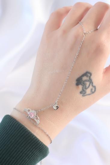 Hkursat 316L Çelik Gümüş Renk Pembe Zirkon Taşlı Kanatlı Kalp Model Şahmeran