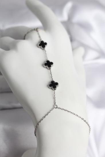 Hkursat 316L Çelik Gümüş Renk Siyah Yonca Model Kadın Şahmeran