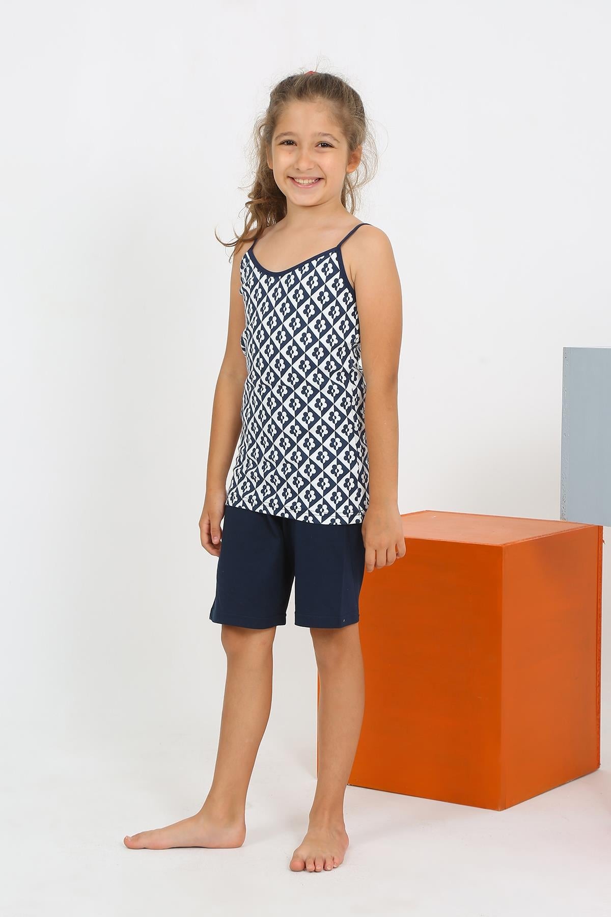 Hkursat Kız Çocuk İp Askılı Şortlu Penye Lacivert Pijama Takım 20430