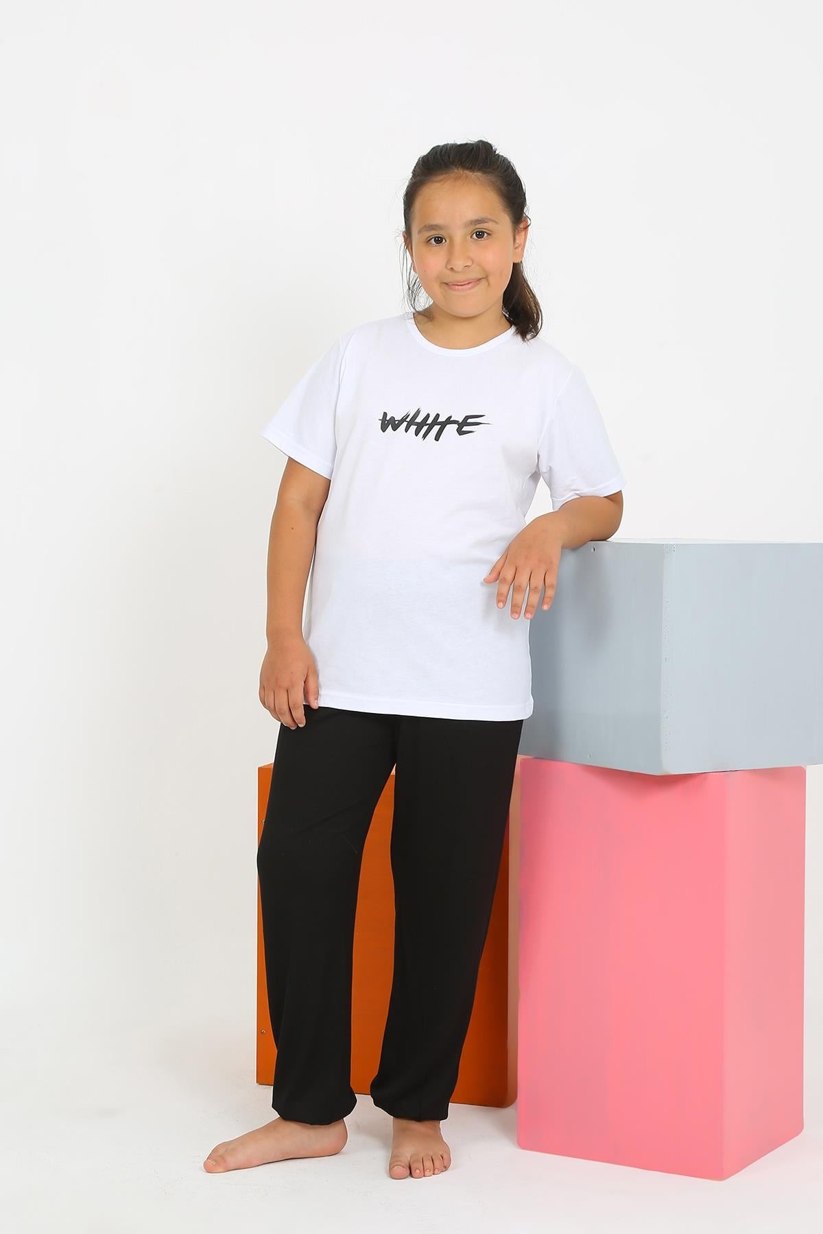 Hkursat Kız Çocuk Kısa Kol Beyaz Penye Pijama Takım 20432