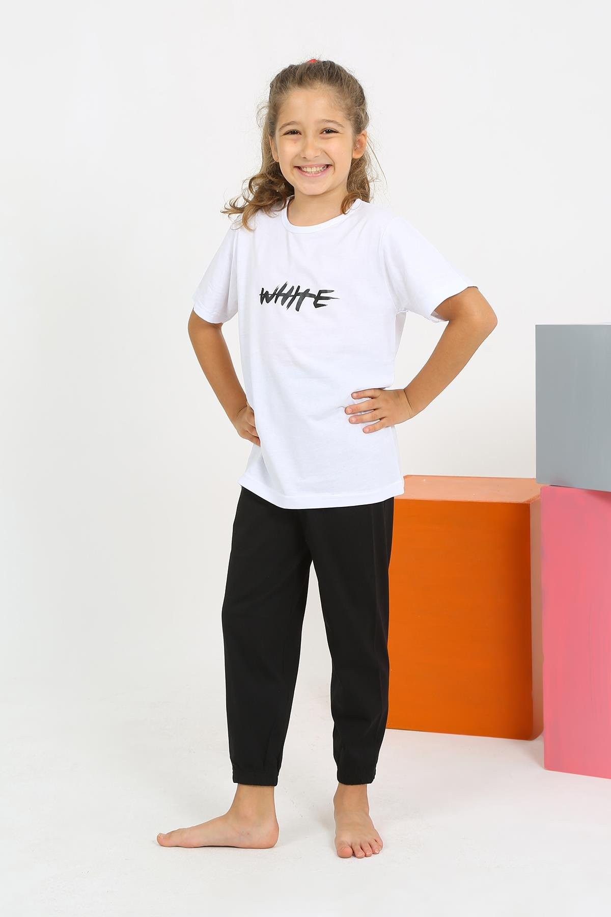 Hkursat Kız Çocuk Kısa Kol Beyaz Penye Pijama Takım 20432