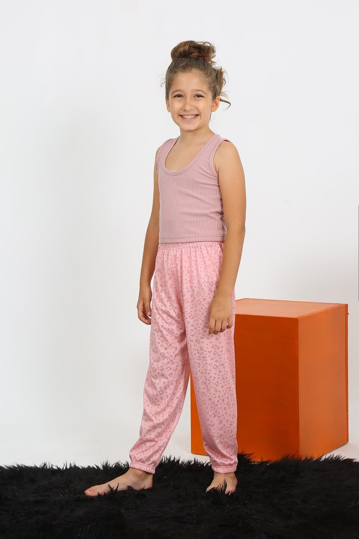 Hkursat Kız Çocuk Sıfır Kol Gül Kurusu Penye Pijama Takım 20433