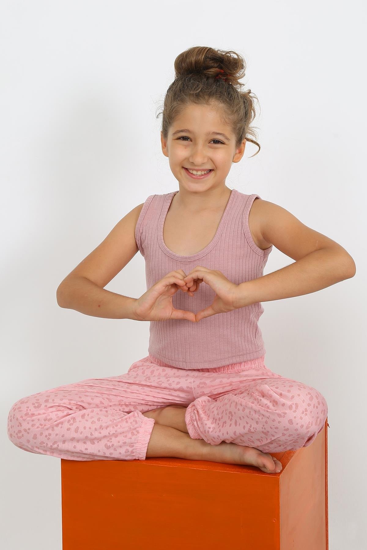 Hkursat Kız Çocuk Sıfır Kol Gül Kurusu Penye Pijama Takım 20433