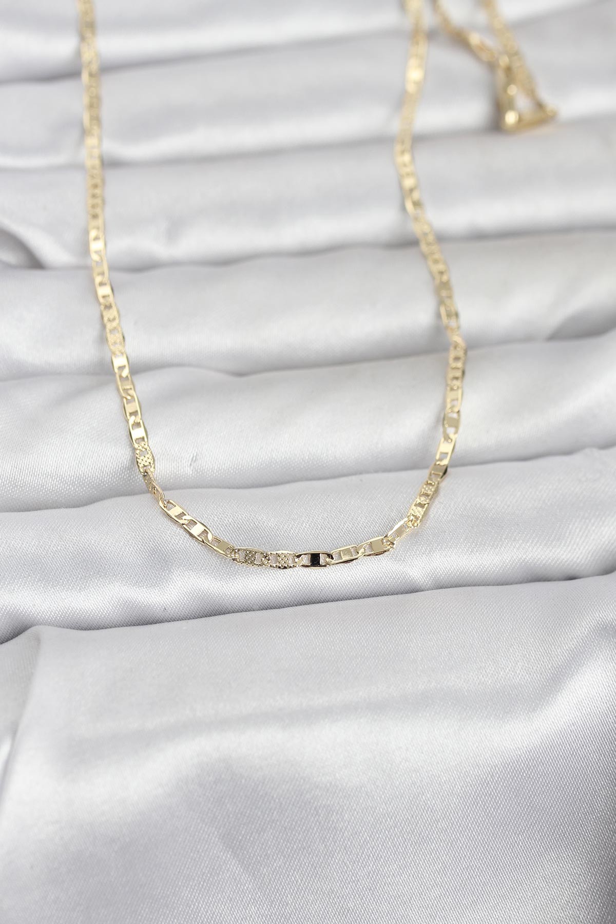 CM 14K Gold Renk Lazerli Yassı Model Zincirli 60 cm Kadın Kolye