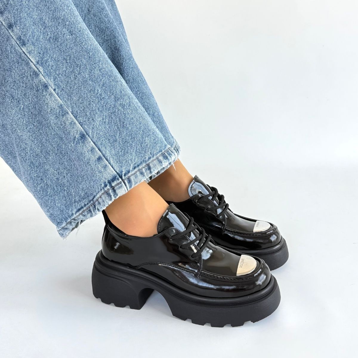 Bluefeet Siyah Rugan Dolgu Topuk Oxford Kadın Ayakkabı