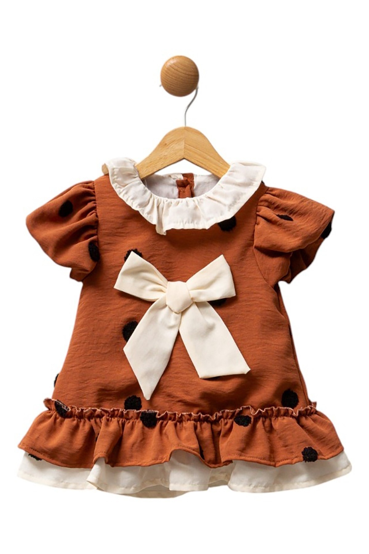 Hkursat Kiremit Bebek Elbise Puantiyeli Fiyonk Detaylı 3-18 Ay